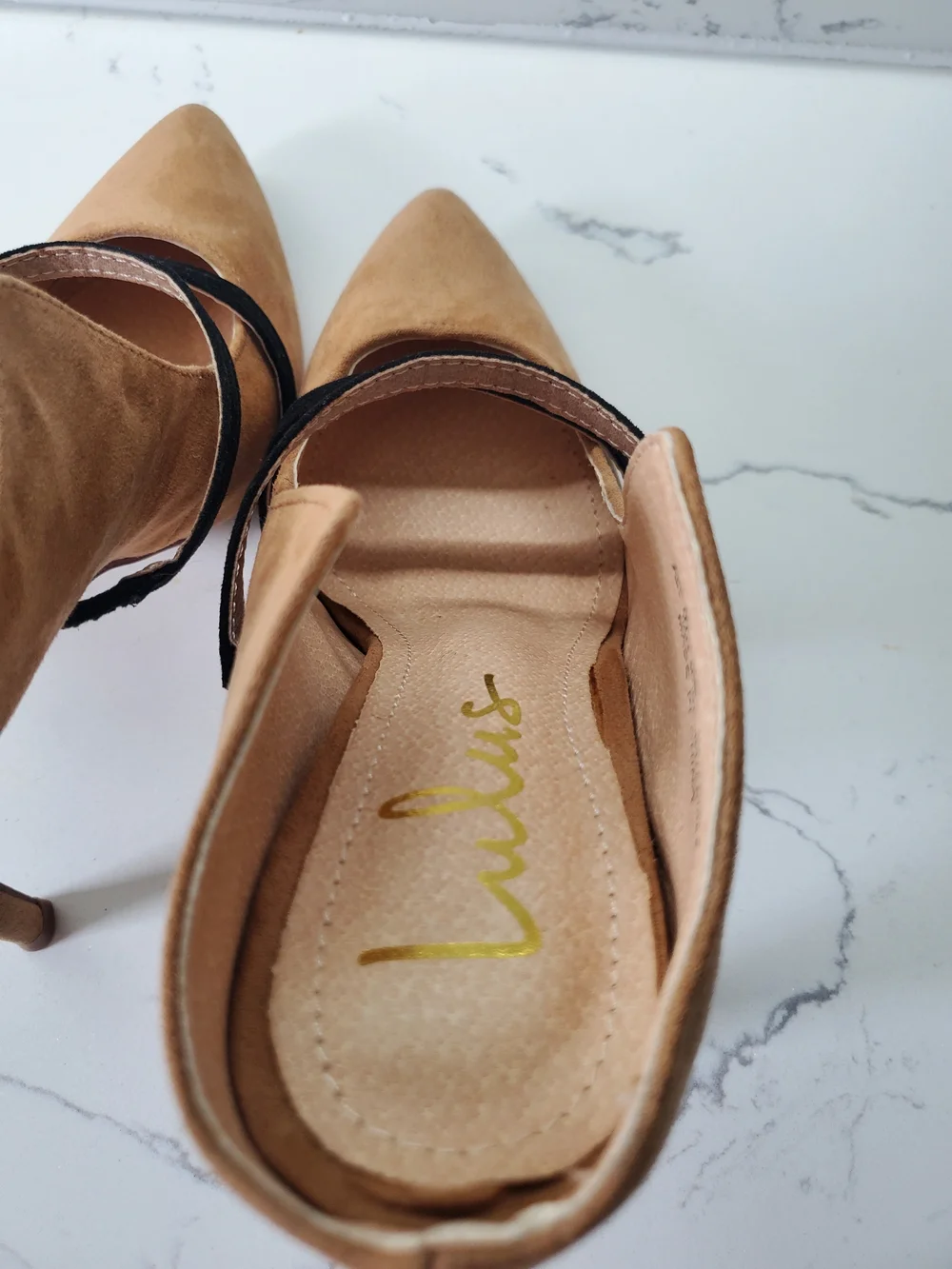 Lulus Suede Pointed Toe High Heels with Black Strap - Tan US7
